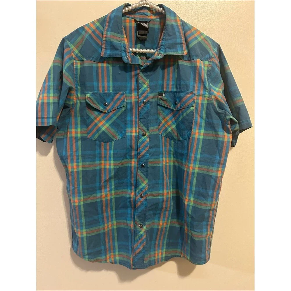 The North Face Men's Size M Plaid Snap Button Short Sleeve Shirt Blue Orange